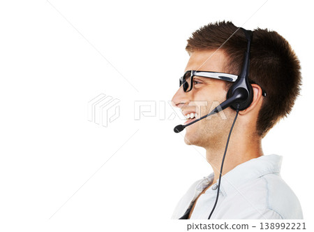 Smile, call center and thinking business man, mockup or decision isolated on white background. Vision of sales agent, telemarketing consultant and planning customer service, problem solving or crm 138992221