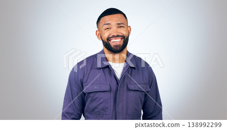 Portrait, laugh and happy business man in studio with humor, joke or funny personality on grey background. comic, face and isolated entrepreneur with confidence, positive attitude or feel good mood 138992299