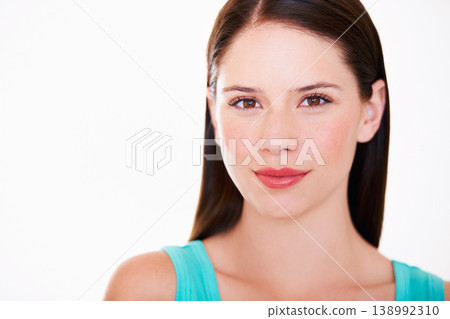 Happy, beauty and portrait of woman on a white background with confidence, cosmetics and pride. Health, skincare and face of isolated person with positive attitude, attractive and joy in studio 138992310