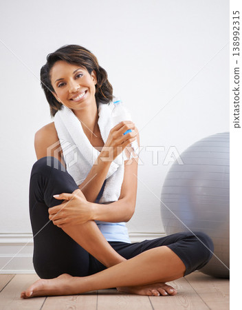 Yoga portrait, water bottle or happy woman relax after exercise, home workout or drink beverage for hydration wellness. Liquid, pilates studio floor or sports athlete sitting on white background wall Yoga portrait, water bottle or happy woman relax after exercise, home workout or drink beverage for hydration wellness. Liquid, pilates studio floor or sports athlete sitting on white background wall 138992315