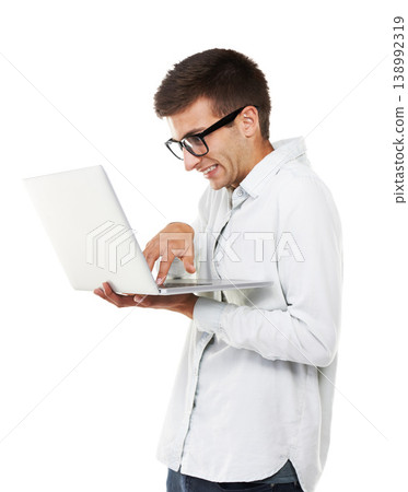 Geek, business man typing on laptop and isolated on a white background. Nerd in glasses on computer, digital technology and funny IT programmer coding, writing email online and research on internet 138992319