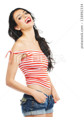 Woman, portrait and laugh in studio for fun, humor and comedy with makeup and fashion on white background. Person, face and happiness with comic expression, carefree and freedom for joke on mock up Woman, portrait and laugh in studio for fun, humor and comedy with makeup and fashion on white background. Person, face and happiness with comic expression, carefree and freedom for joke on mock up 138992334