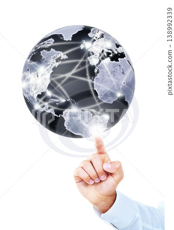 Hand, world and globe with hologram, business and development with international supply chain, connection and internet. Person, model or worker with earth and holographic on a white studio background Hand, world and globe with hologram, business and development with international supply chain, connection and internet. Person, model or worker with earth and holographic on a white studio background 138992339