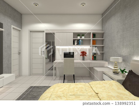 Modern minimalist bedroom with integrated workspace featuring white and soft grey cabinetry. Modern minimalist bedroom with integrated workspace featuring white and soft grey cabinetry. 138992351