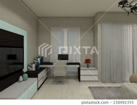 Modern minimalist 3D interior of a bedroom featuring a workspace placed by the window. Modern minimalist 3D interior of a bedroom featuring a workspace placed by the window. 138992355