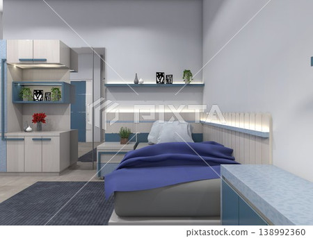 Modern Minimalist Boys Bedroom Interior with Single Bed - 3D Rendering 138992360