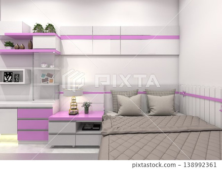 Modern Minimalist Girls Bedroom Interior with Single Bed and Pink Accents - 3D Rendering Modern Minimalist Girls Bedroom Interior with Single Bed and Pink Accents - 3D Rendering 138992361
