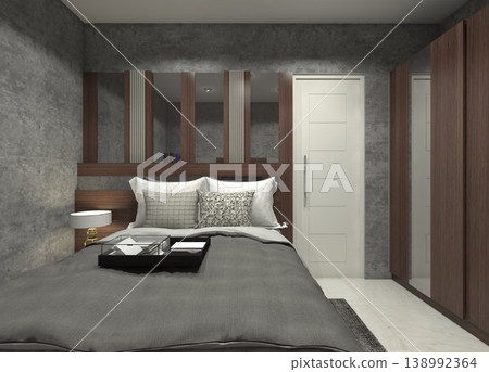Traditional Dark Master Bedroom Interior with Dark Wood and Grey Accents - 3D Rendering Traditional Dark Master Bedroom Interior with Dark Wood and Grey Accents - 3D Rendering 138992364