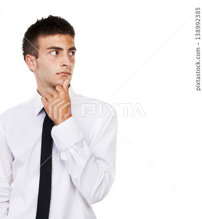 Businessman, thinking and ideas for future in studio, white background or mockup space. Business, planning and man with a dream, inspiration mindset or solution for question and problem solving Businessman, thinking and ideas for future in studio, white background or mockup space. Business, planning and man with a dream, inspiration mindset or solution for question and problem solving 138992385