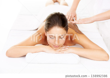 Happy woman, relax and mud massage for zen or mental wellness on bed at luxury resort or salon. Calm female person or model smile for body therapy, beauty treatment or stress relief Happy woman, relax and mud massage for zen or mental wellness on bed at luxury resort or salon. Calm female person or model smile for body therapy, beauty treatment or stress relief 138992386