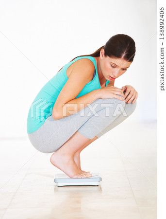 Scale, check and woman lose weight with surprise, diet and measuring body, mass and health. Weighing, scales and person shocked, upset and frustrated with numbers, reading and unhappy dieting Scale, check and woman lose weight with surprise, diet and measuring body, mass and health. Weighing, scales and person shocked, upset and frustrated with numbers, reading and unhappy dieting 138992406
