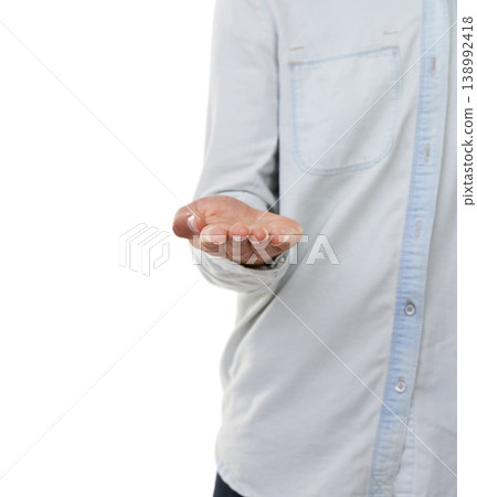Closeup, hand and presentation in studio for mockup of offer, announcement or deal on white background. Person, alone and gesture for advertising in marketing of choice, decision or option in space Closeup, hand and presentation in studio for mockup of offer, announcement or deal on white background. Person, alone and gesture for advertising in marketing of choice, decision or option in space 138992418