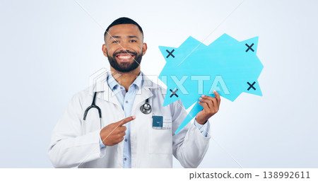 Doctor, speech bubble and communication mockup, chat poster or healthcare translation, forum and voice in studio. Portrait of african man pointing to medical quote or questions on a white background 138992611