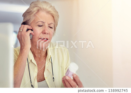 Healthcare, senior woman on call with prescription and from her home. Medication or medicine for health wellness, communication and mockup space with elderly female with pills or her cellphone Healthcare, senior woman on call with prescription and from her home. Medication or medicine for health wellness, communication and mockup space with elderly female with pills or her cellphone 138992745