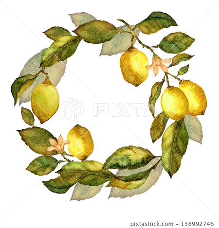Wreath of lemons, leaves and flowers. Hand-drawn watercolor illustration isolated on white background Wreath of lemons, leaves and flowers. Hand-drawn watercolor illustration isolated on white background 138992746