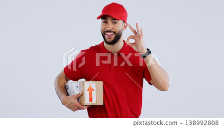 Portrait, man and box with okay sign on studio for delivery, logistics and mockup for package on white background. Male model, worker or courier with gesture in Mexico for good, choice or decision Portrait, man and box with okay sign on studio for delivery, logistics and mockup for package on white background. Male model, worker or courier with gesture in Mexico for good, choice or decision 138992808