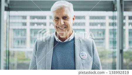 Senior man, vote sticker and portrait for election, positive and candidate for america, government and politics. Democracy, voter choice and support for party, registration and badge for voting Senior man, vote sticker and portrait for election, positive and candidate for america, government and politics. Democracy, voter choice and support for party, registration and badge for voting 138992819