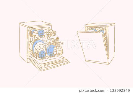 Dishwasher closed and opened machine with clean dishes beige 138992849
