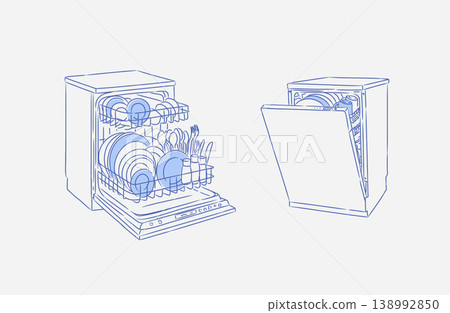 Dishwasher closed and opened machine with clean dishes blue 138992850