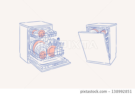 Dishwasher closed and opened machine with clean dishes blue 138992851