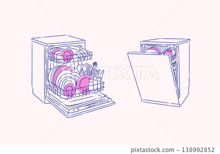 Dishwasher closed and opened machine with clean dishes blue Dishwasher closed and opened machine with clean dishes blue 138992852