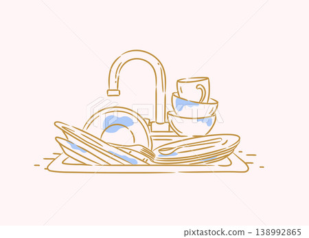 Kitchen sink with dishes. Housework. Beige 138992865