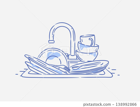 Kitchen sink with dishes. Housework. Blue Kitchen sink with dishes. Housework. Blue 138992866