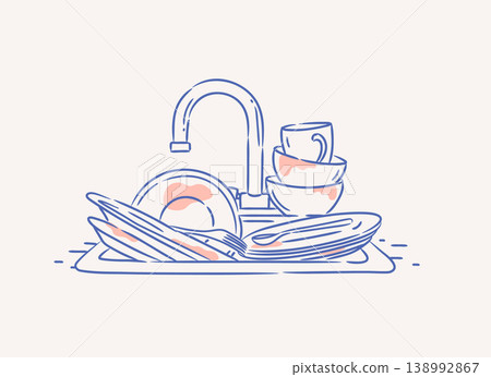 Kitchen sink with dishes. Housework. Light 138992867