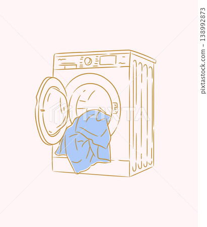 Washing machine in front side view with clothes beige Washing machine in front side view with clothes beige 138992873