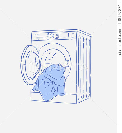 Washing machine in front side view with clothes blue Washing machine in front side view with clothes blue 138992874