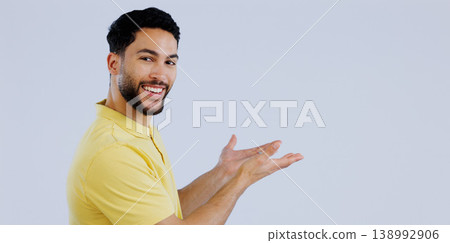 Portrait, man or advertising presentation in studio of information, deal or news about us on white background. Happy indian model show mockup space for feedback, sales promotion or launch coming soon 138992906