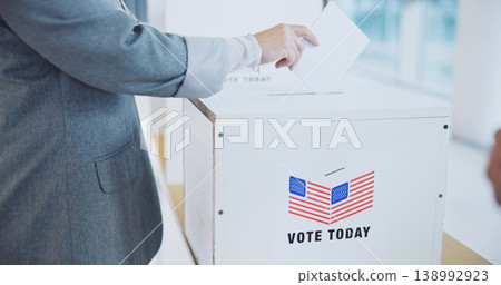 Hand, usa and president election or ballot paper document at poll station, government or choice. Man, fingers and opinion at booth for American campaign or democracy day change, patriotic or vote box Hand, usa and president election or ballot paper document at poll station, government or choice. Man, fingers and opinion at booth for American campaign or democracy day change, patriotic or vote box 138992923