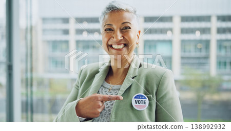Woman, vote and portrait for democracy, pointing and badge for support, government and member. Elections, voter choice and representative for politics, registration and sticker for voting register Woman, vote and portrait for democracy, pointing and badge for support, government and member. Elections, voter choice and representative for politics, registration and sticker for voting register 138992932