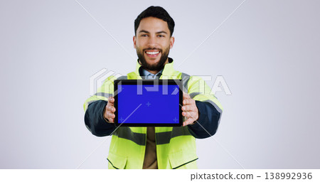 Engineering man, tablet green screen and presentation for renovation, architecture and design software in studio. Portrait of construction worker with digital technology mockup on a white background Engineering man, tablet green screen and presentation for renovation, architecture and design software in studio. Portrait of construction worker with digital technology mockup on a white background 138992936