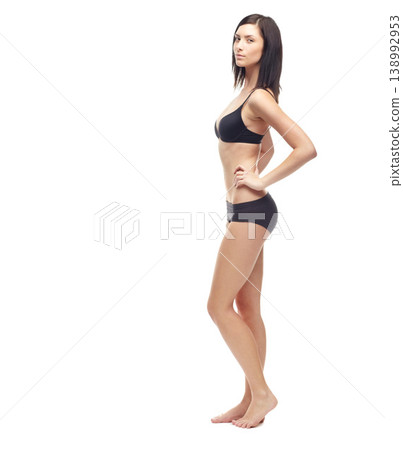 Woman, portrait and full body in underwear on mockup to lose weight or diet against a white studio background. Young attractive female person or slim model posing in lingerie for health and wellness Woman, portrait and full body in underwear on mockup to lose weight or diet against a white studio background. Young attractive female person or slim model posing in lingerie for health and wellness 138992953
