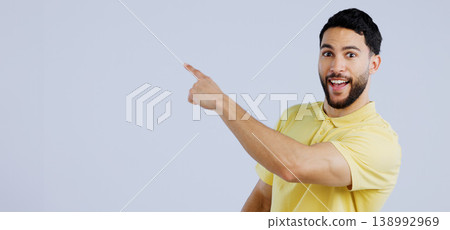 Man, portrait and pointing in studio to surprise information, advertising deal or sales promotion on white background. Excited indian model show mockup space for announcement, review or news about us Man, portrait and pointing in studio to surprise information, advertising deal or sales promotion on white background. Excited indian model show mockup space for announcement, review or news about us 138992969