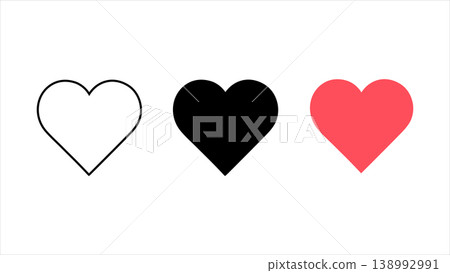 Three variations of heart symbol for social media reactions and love themed graphic design assets isolated on white background Three variations of heart symbol for social media reactions and love themed graphic design assets isolated on white background 138992991