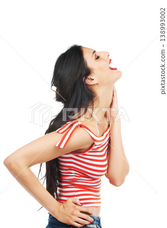 Happy, laugh and profile of woman in studio with reaction to comic, joke or story on white background. Laughter, good mood and side of model with funny, smile or crazy, humor or positive attitude 138993002