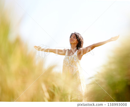 Peace, freedom and woman with arms raised at field outdoor in the countryside in spring. Person in nature, eyes closed and meditation to relax at farm, breathe fresh air and enjoy vacation on mockup Peace, freedom and woman with arms raised at field outdoor in the countryside in spring. Person in nature, eyes closed and meditation to relax at farm, breathe fresh air and enjoy vacation on mockup 138993008