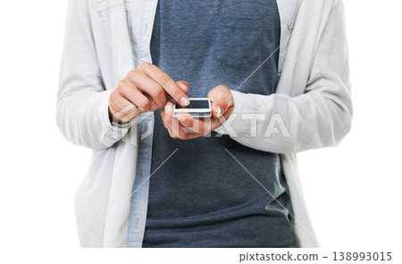 Hands, man and typing with phone in studio, scroll social media and reading notification on white background. Closeup, model and download app for mobile games, search online and digital subscription Hands, man and typing with phone in studio, scroll social media and reading notification on white background. Closeup, model and download app for mobile games, search online and digital subscription 138993015