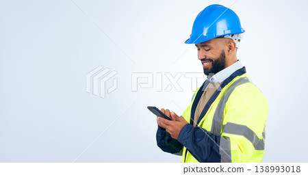 Engineering, man and phone for construction chat, communication and project management in studio. Contractor or builder typing on mobile with architecture update, banner mockup and a white background Engineering, man and phone for construction chat, communication and project management in studio. Contractor or builder typing on mobile with architecture update, banner mockup and a white background 138993018