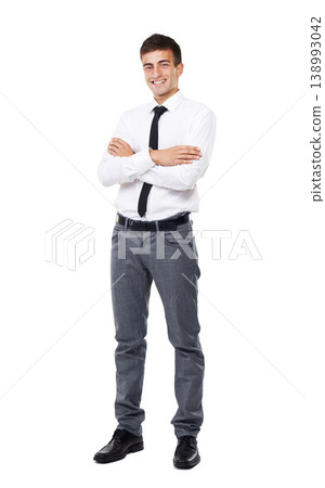 Happy businessman, portrait and professional in confidence against a white studio background. Young man, model or confident employee standing with smile for career ambition or mindset on mockup space 138993042