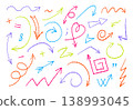 Colorful hand drawn doodle arrows and symbols in sketchy wax crayon style 138993045