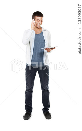Happy, man and multitask with tablet and phone call in studio, white background or mockup space. Contact, businessman and communication online with website, mobile app or email client a report Happy, man and multitask with tablet and phone call in studio, white background or mockup space. Contact, businessman and communication online with website, mobile app or email client a report 138993057