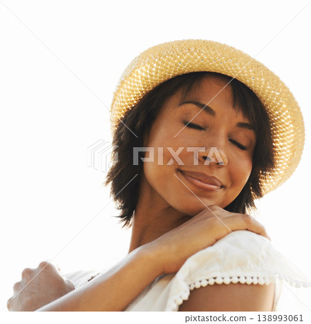 Outdoor sky, freedom or zen woman with smile, peace or wellness on holiday vacation or break. Calm, summer or happy person in nature to breathe in fresh air for happiness, self love or gratitude Outdoor sky, freedom or zen woman with smile, peace or wellness on holiday vacation or break. Calm, summer or happy person in nature to breathe in fresh air for happiness, self love or gratitude 138993061