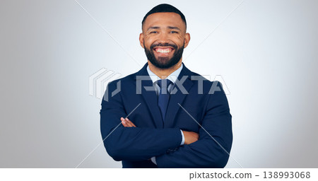 Portrait, confident and corporate businessman in studio with smile, pride and professional startup entrepreneur. Happy man, business owner or office consultant with arms crossed on white background. Portrait, confident and corporate businessman in studio with smile, pride and professional startup entrepreneur. Happy man, business owner or office consultant with arms crossed on white background. 138993068