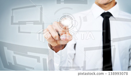 Hand press, overlay or businessman pointing for security, information database or isolated dashboard. Digital world, or entrepreneur closeup on touchscreen, hologram or futuristic fingerprint tech 138993078