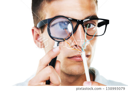 Electrician, cables and portrait of man with test, analysis and check with magnifying glass in white background. Studio, technician or working with electricity, wires or search for solution and power Electrician, cables and portrait of man with test, analysis and check with magnifying glass in white background. Studio, technician or working with electricity, wires or search for solution and power 138993079