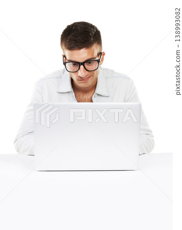 Nerd, business man on laptop at desk and coding software isolated on a white background. Geek in glasses typing on computer at table, technology or IT programmer writing email online on mockup space Nerd, business man on laptop at desk and coding software isolated on a white background. Geek in glasses typing on computer at table, technology or IT programmer writing email online on mockup space 138993082