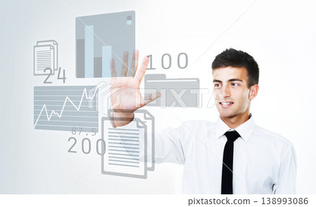 Hand, screen overlay or businessman for data analytics, financial digital system or stock market. Trading tech, touch or happy professional trader by charts hologram to monitor for graphs statistics 138993086
